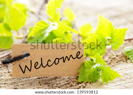 a natural looking label with welcome written on it and with green leaves and wood as background