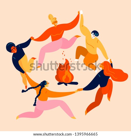 Dancing party and jumps  with bonfire. Group of young diversity man and woman are holding their hands in circle around campfire. Kupala festival, leisure and tourism activity.  Vector flat