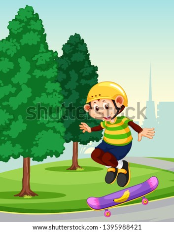 A monkey playing skateboard at the park illustration