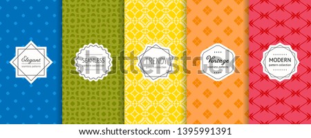 Vector geometric seamless pattern collection. Set of bright colorful background swatches with elegant modern labels. Cute minimal abstract textures. Pretty design with floral elements, dots, grid
