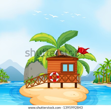 Wooden resort on island illustration