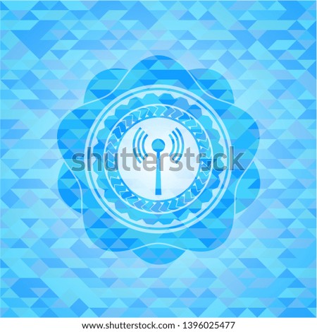 antenna signal icon inside light blue emblem with triangle mosaic background