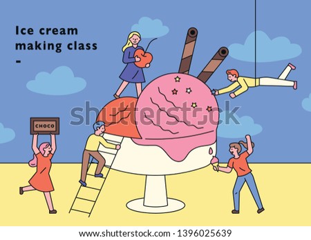 A small people character decorating a huge ice cream. flat design style minimal vector illustration