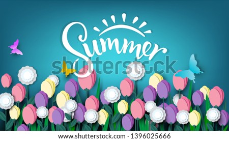Summer background, Beautiful floral paper cut with butterfly on blue background, vector illustration