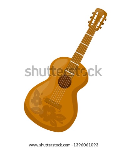 Beautiful wooden guitar with a decorative ornament, pattern. Traditional stringed musical instrument for playing at a festival, concert, carnival. Vector illustration isolated.