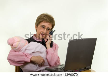 Looking at Laptop screen, Talking on the Phone and Holding Baby