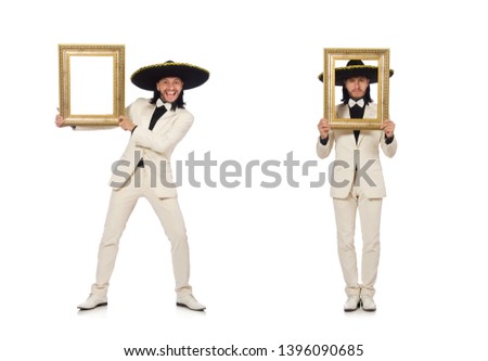 Funny mexican in suit holding photo frame isolated on white