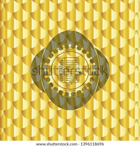 notebook with pencil icon inside gold badge. Scales pattern. Vector Illustration. Detailed.