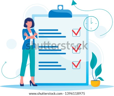 Month planning, to do list, time management. Woman is standing near large to do list. Plan fulfilled, task completed. Flat concept vector illustration, isolated on white Royalty-Free Stock Photo #1396118975