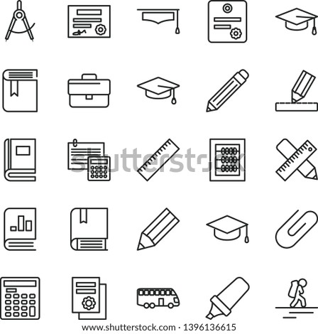 thin line vector icon set - briefcase vector, graphite pencil, yardstick, book, new abacus, e, writing accessories, drawing, calculation, square academic hat, clip, scribed compasses, on statistics