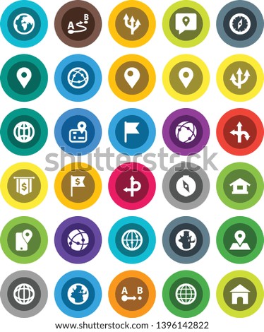 White Solid Icon Set- compass vector, world, flag, dollar, route, navigator, earth, map pin, traking, internet, connection, globe, arrow, home