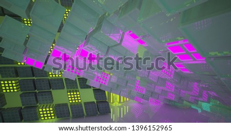 Abstract  Concrete Futuristic Sci-Fi interior With Pink, Blue And Yellow Glowing Neon Tubes . 3D illustration and rendering.