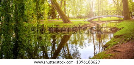 Beautiful summer spring landscape in a city park with a lake stream among green trees on a sunny day, summer spring background long banner