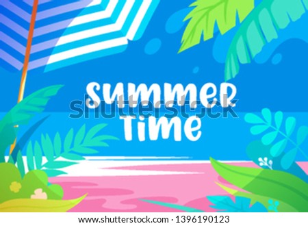 Summer Time Vibrant Banner with Palm Tree Leaves, Exotic Tropical Plants, Sandy Beach, Sun Umbrella and Sea View. Promo Poster for Summertime Leisure, Travel, Entertainment Cartoon Vector Illustration
