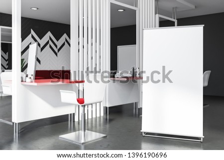 Interior of barber shop with white and gray walls, concrete floor, red tables and chairs and large mirrors. Vertical mock up banner. Concept of healthcare and fashion. 3d rendering