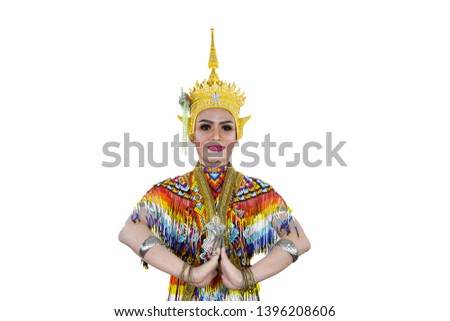 The isolated image of an actor wearing a Manohra costume is dancing. Famous folk performances in southern Thailand