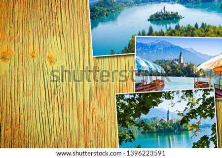 Bled lake, the most famous lake in Slovenia with the island of the church (Europe - Slovenia) - Postards concept on colored wooden background - image with copy space