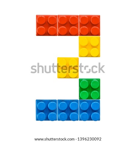 Number 3 three Isolated on white backdrop from colorful plastic toy brick block constructor. Mosaic font numerals for poster, banner, print for kids. Concept education, learning numbers.  Set