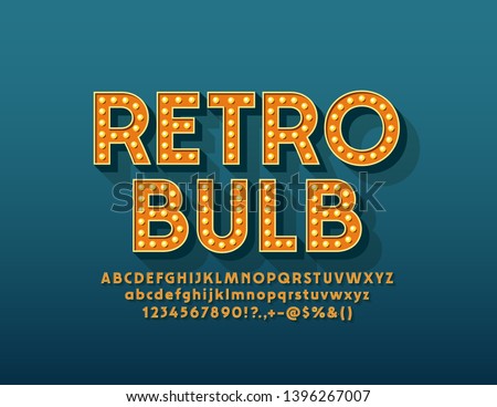 Vector Retro Light Bulb Alphabet. Electric Lamp Font. Vintage Letters, Numbers and Symbols for Entertainment marketing Royalty-Free Stock Photo #1396267007