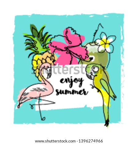 cute tropical summer card with cartoon doodle hand drawn vector elements