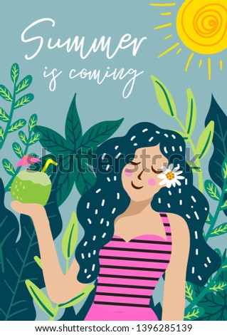 Cute hand drawn girl / women illustration holding a coconut with bikini, tropical jungle and sun. Card / poster template for summer holiday season