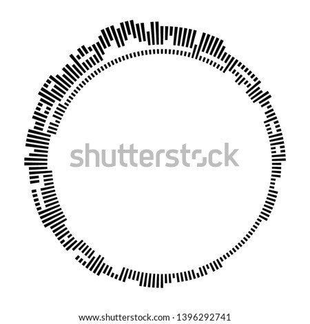 Black circular frame on white background. Round shape. Radial black concentric particles. Black ring of short thin rays. Sound wave. Sun ray or star burst element. Vector monochrome illustration.