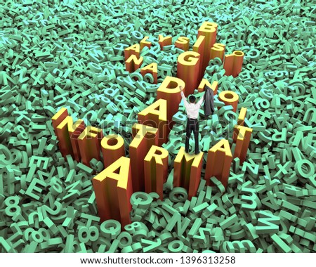 Big data, information analysis and restructuring concept, cheering businessman standing on gold big dollar sign money symbol with huge amount of 3d letters and numbers.