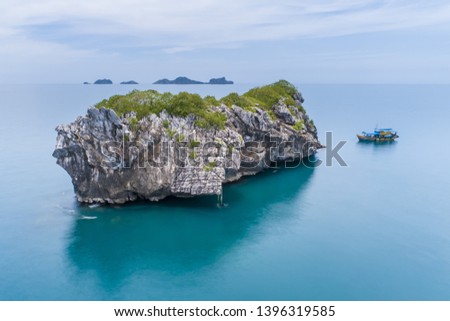 Angthong National Marine Park in the Gulf of Thailand Aerial Drone View with copy space Archipelago of islands in Southern Thailand Ang Thong Islands Long exposure shutter speed dream seascape ocean