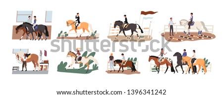 Collection of people riding horses. Bundle of cute men, women and children practicing horseback riding or equestrianism, caring about their domestic animals. Flat cartoon colorful vector illustration. Royalty-Free Stock Photo #1396341242