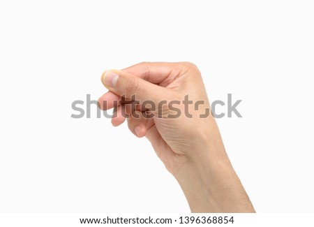 man hand hanging something blank isolated on a white background