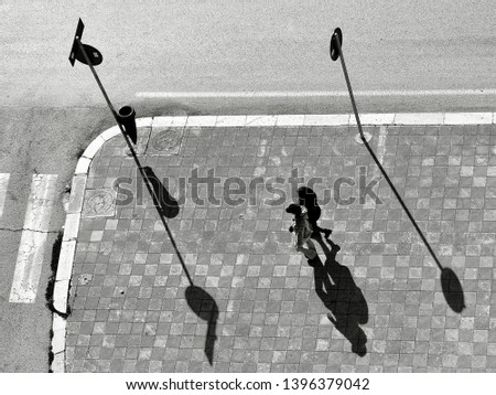Birds eye view street photography with light and shadow taken from panorama wheel , on the shore of Adriatic sea, lungomare and Murat district in Bari, Puglia region , Italy. Black and white image.
