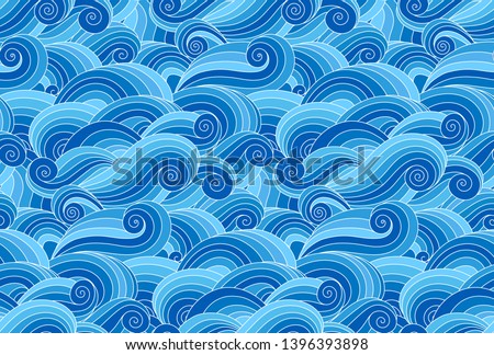 Doodle wavy deep blue seamless pattern. Hand drawn waves ultramarine background. Ocean wave tide splashes. Sea surfing tides navy wallpaper.