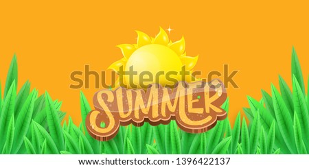 vector summer horizontal banner with green grass, orange sky and summer ray of lights . hello summer flyer, banner or horizontal background with green field landscape