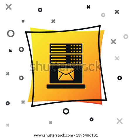 Black Mail server icon isolated on white background. Yellow square button. Vector Illustration