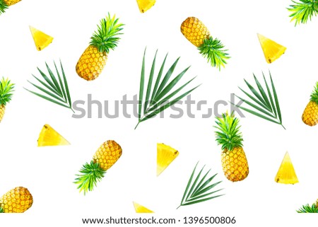 Pineapple ripe and pieces with palm leaves seamless pattern on white background.