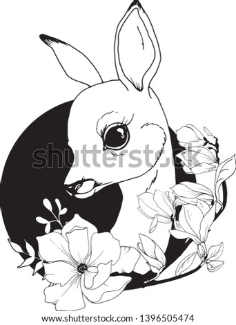 Cute baby deer in magnolia flowers, black and white picture, coloring book for adults and children