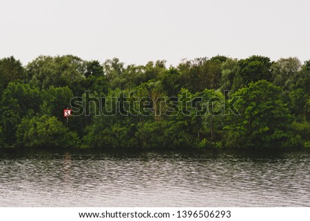 A picturesque view of a river and a forest, an anchor sign hiding in the trees and bushes. Peaceful mood, matte colors