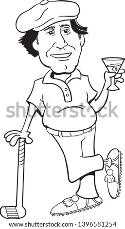 Black and white illustration of a golfer leaning on a golf club and holding a martini.