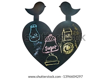 Isolated Illustrations of salt, sugar, cake,milk, plate, dish  on black chalkboard. Chalk pictures set of kithen ingredients on blackboard on  white background.