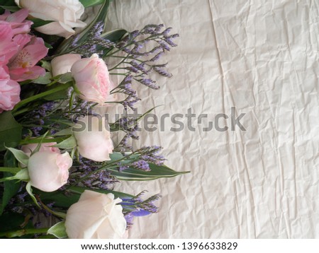 Wedding bouquet of delicate flowers. Wedding decoration with flowers. Copy space.