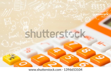Plastic calculator on background, close up