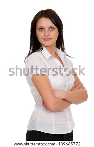 Young beautiful brunette girl in a light blouse Isolate on white.