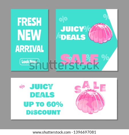 Set of sale and new arrival banners with colorful jelly. Vector template isolated on gray background.