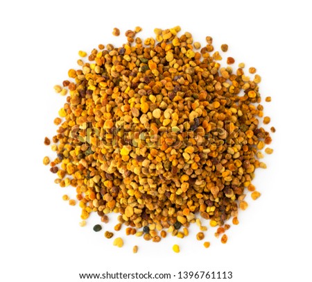 Heap of flower pollen on a white. The form of the top. Royalty-Free Stock Photo #1396761113