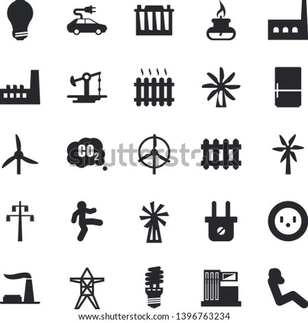 Solid vector icon set - fridge flat vector, windmill, oil pumping, gas station, factory, accumulator, socket, plug, power line support, manufactory, energy saving lamp, electric cars, carbon dioxide