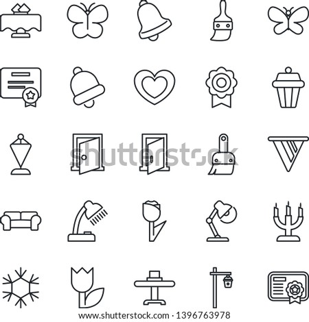 Thin Line Icon Set - pennant vector, butterfly, garden light, heart, tulip, themes, bell, sertificate, desk lamp, cushioned furniture, restaurant table, candle, snowflake, outdoor, door, pennon