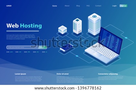 Concept of server hosting. Big data flow processing concept, cloud database. Hosting server isometric vector illustration. Isometric design concept of landing page suggesting  servers and hosting. Royalty-Free Stock Photo #1396778162