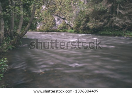 long exposure rocky mountain river in summer with high water stream level in forest with trees and sandy foreground shore - vintage old film look