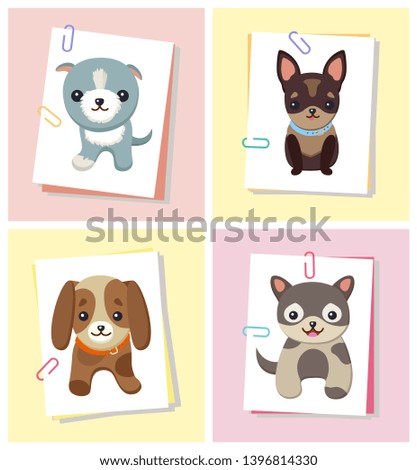 Puppies and dogs poster set collection of pets pictures creatures different breeds colors isolated on raster illustration. dog a piece paper clamped with clip