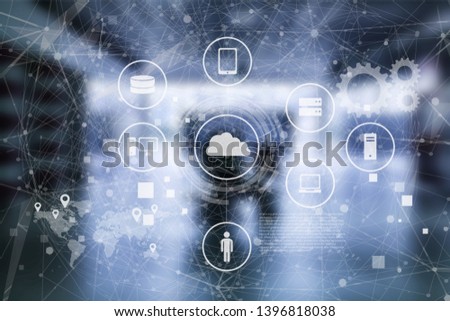 Data Management Platform (DMP) concept. Business man suit point finger to Infographic of texts and omni channel technology icons with globe connect and blue building. Marketing and crm concept.